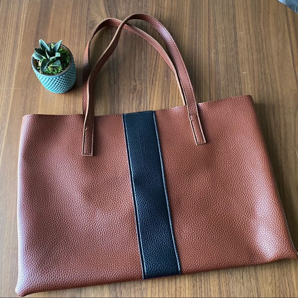 Brown Leather Vince Camuto Tote with Black Stripe